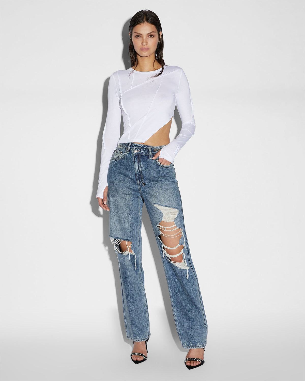 WOMENS RELAX JEAN OVERKAST TRASHED DENIM JEANS