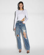 WOMENS RELAX JEAN OVERKAST TRASHED DENIM JEANS