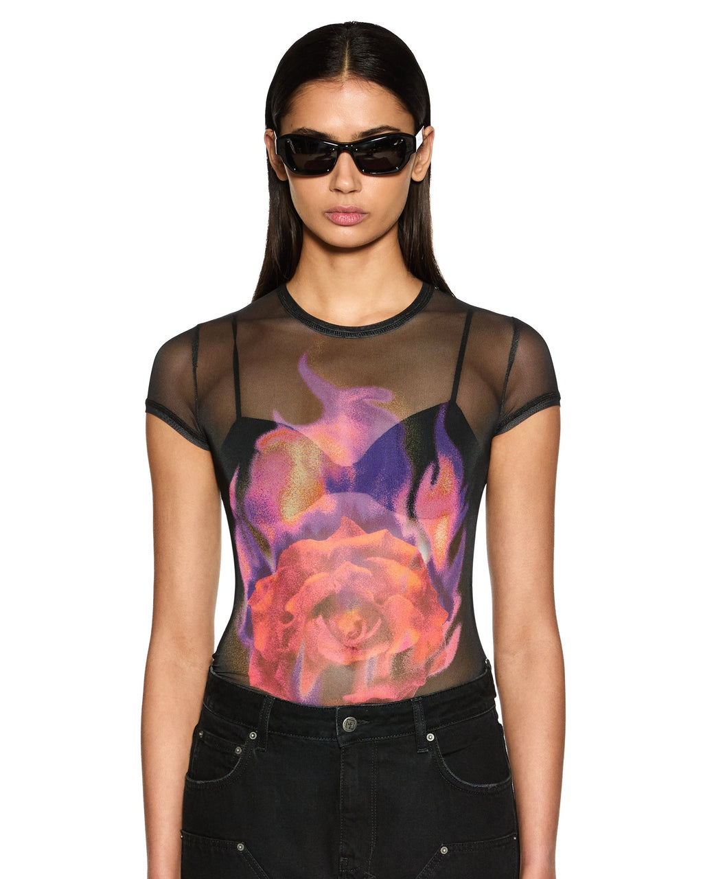 WOMENS ABLAZE MESH SS TEE BLACK FASHION TOPS
