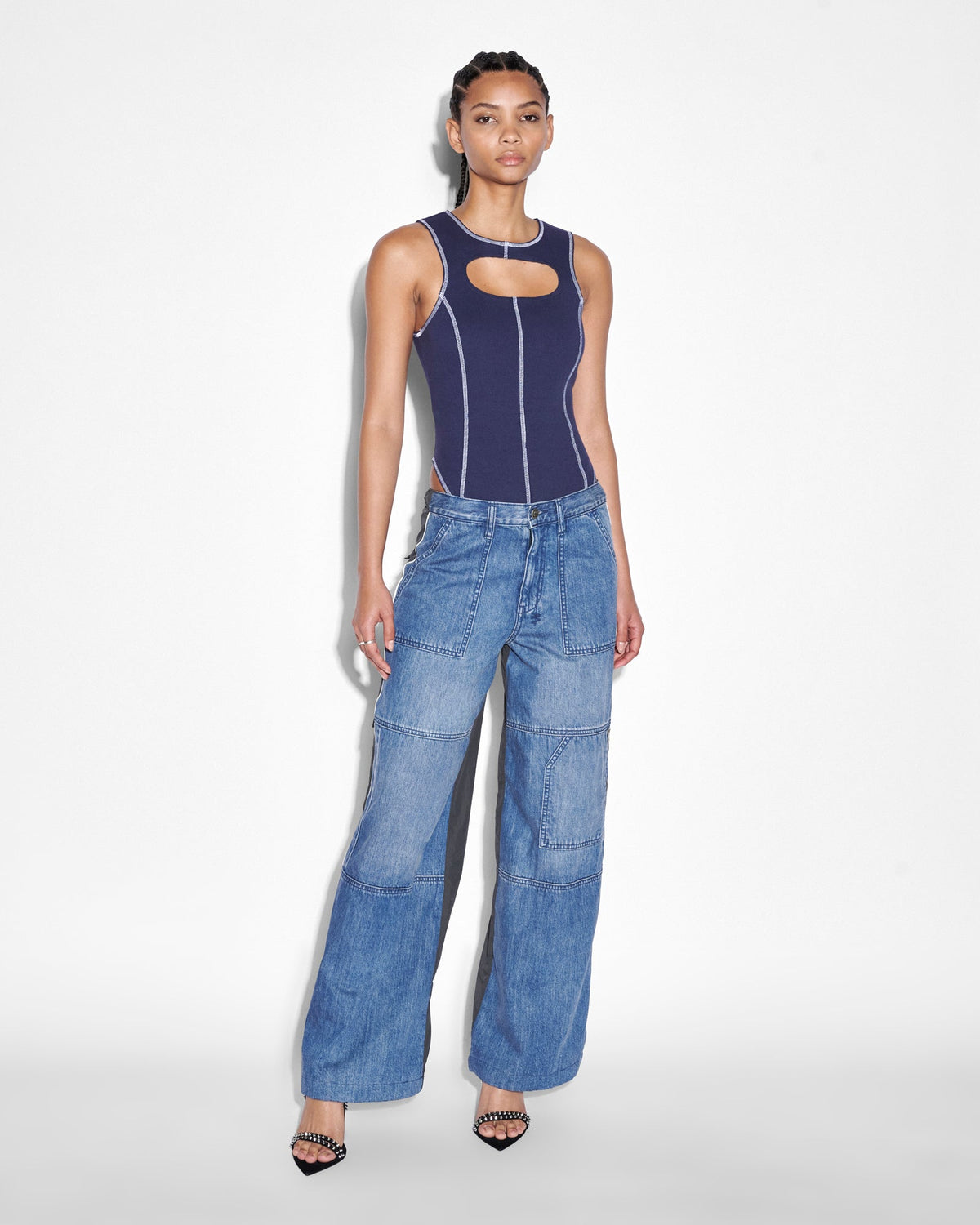 WOMENS BAGGY JEAN NYLON SPLICE DENIM JEANS
