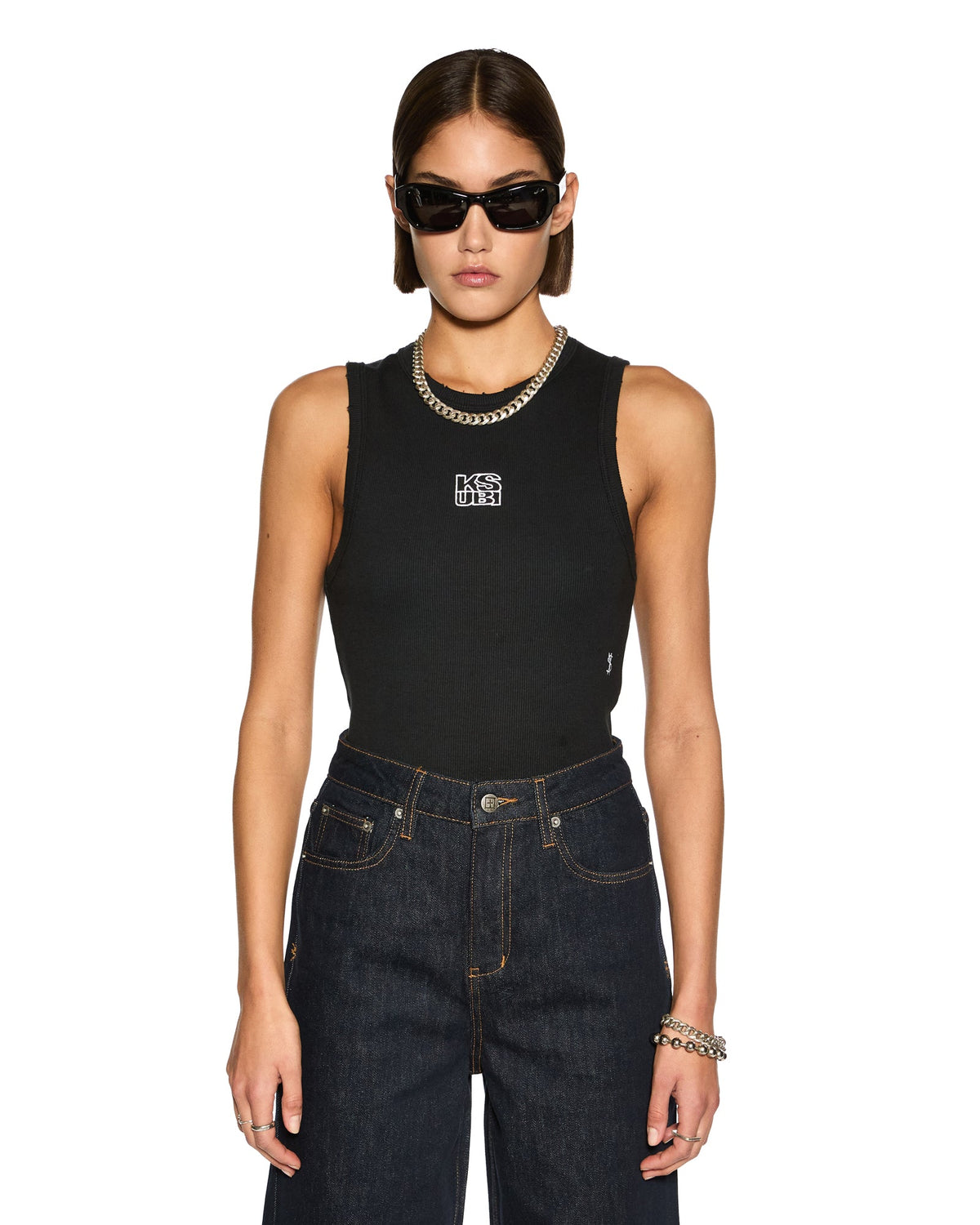 WOMENS STACKED SYNDICATE TANK XTRA BLACK FASHION TOPS