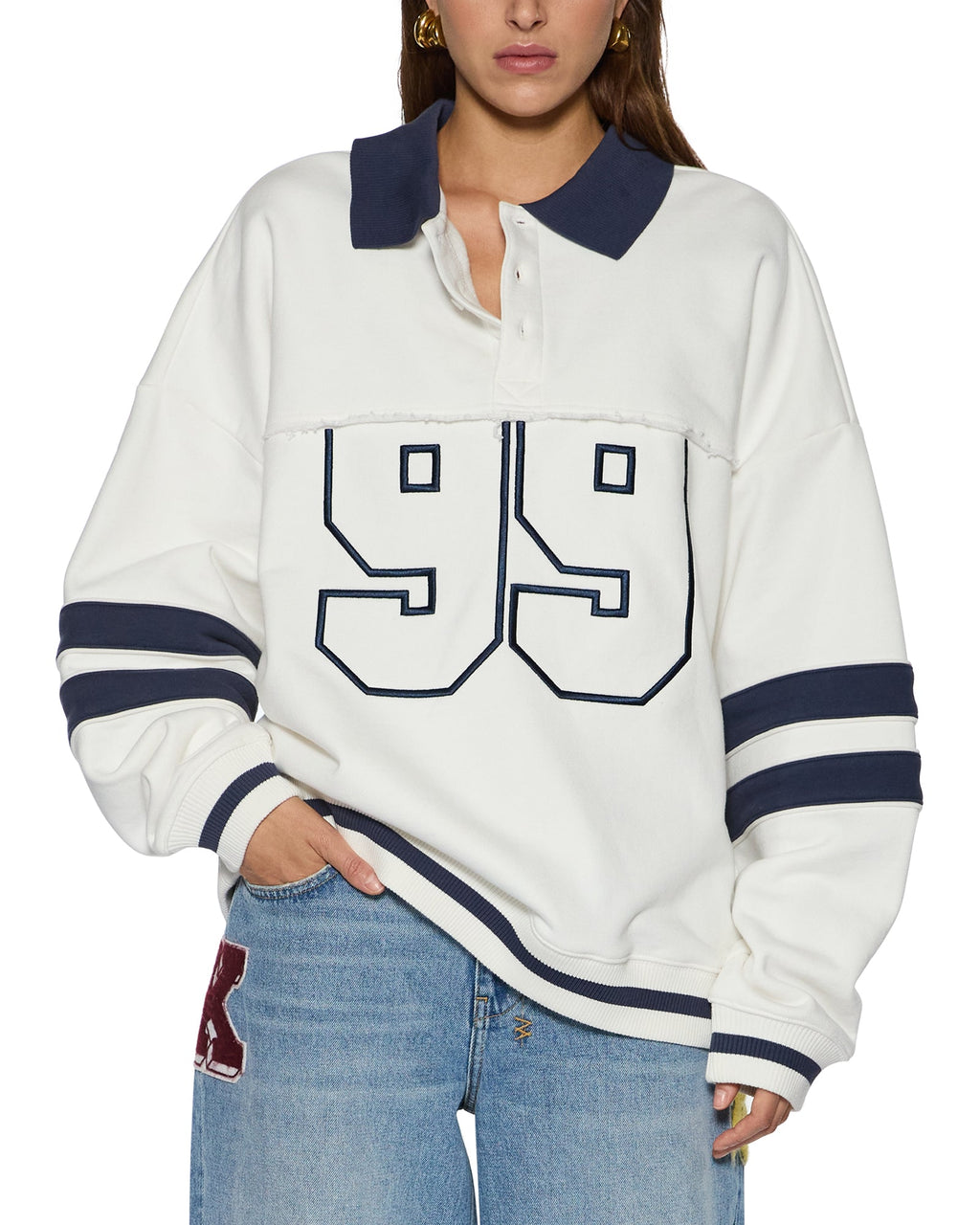 WOMENS 99 BOYFRIEND POLO SWEATSHIRT VINTAGE WHITE FLEECE