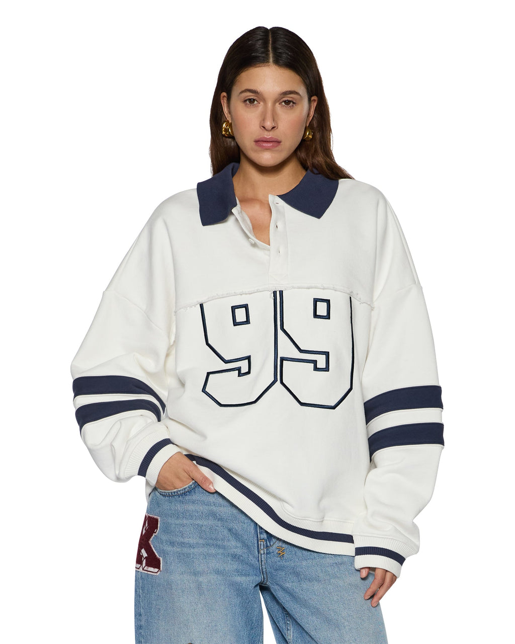 WOMENS 99 BOYFRIEND POLO SWEATSHIRT VINTAGE WHITE FLEECE