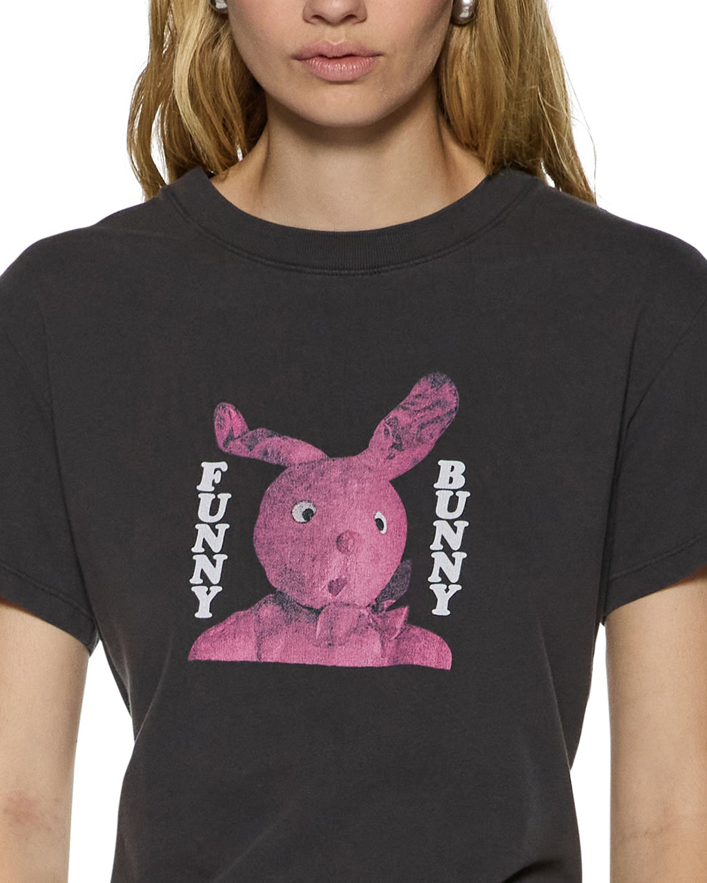 WOMENS FUNNY BUNNY SHRUNKEN SS TEE WASHED BLACK TEES