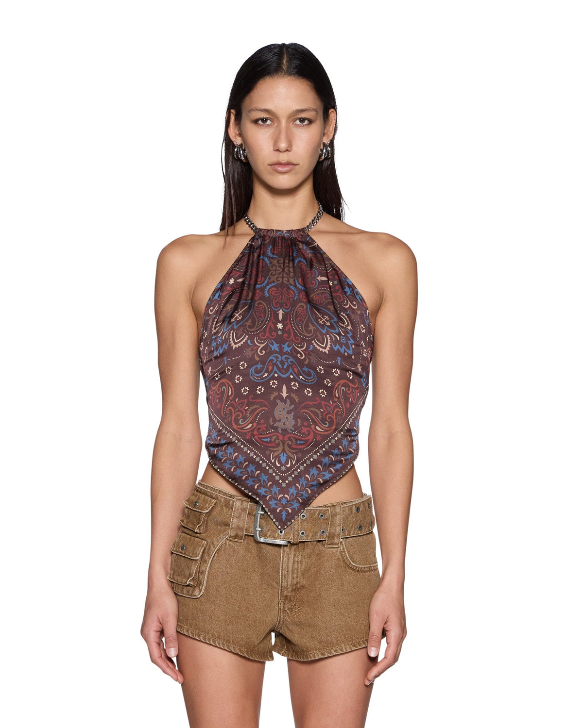 Womens Scarf Top Folk Bandana Regular Fashion Tops - Brown