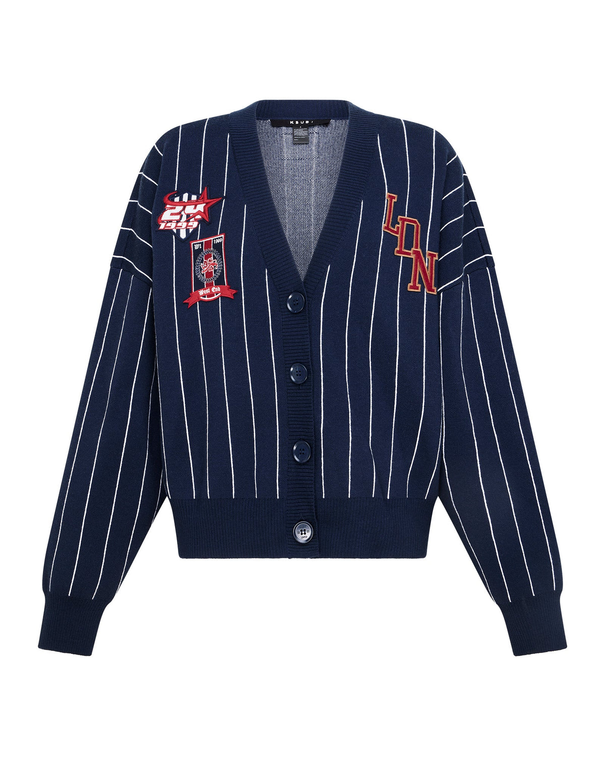 WOMENS DEAN CARDIGAN NAVY PINSTRIPE KNITWEAR