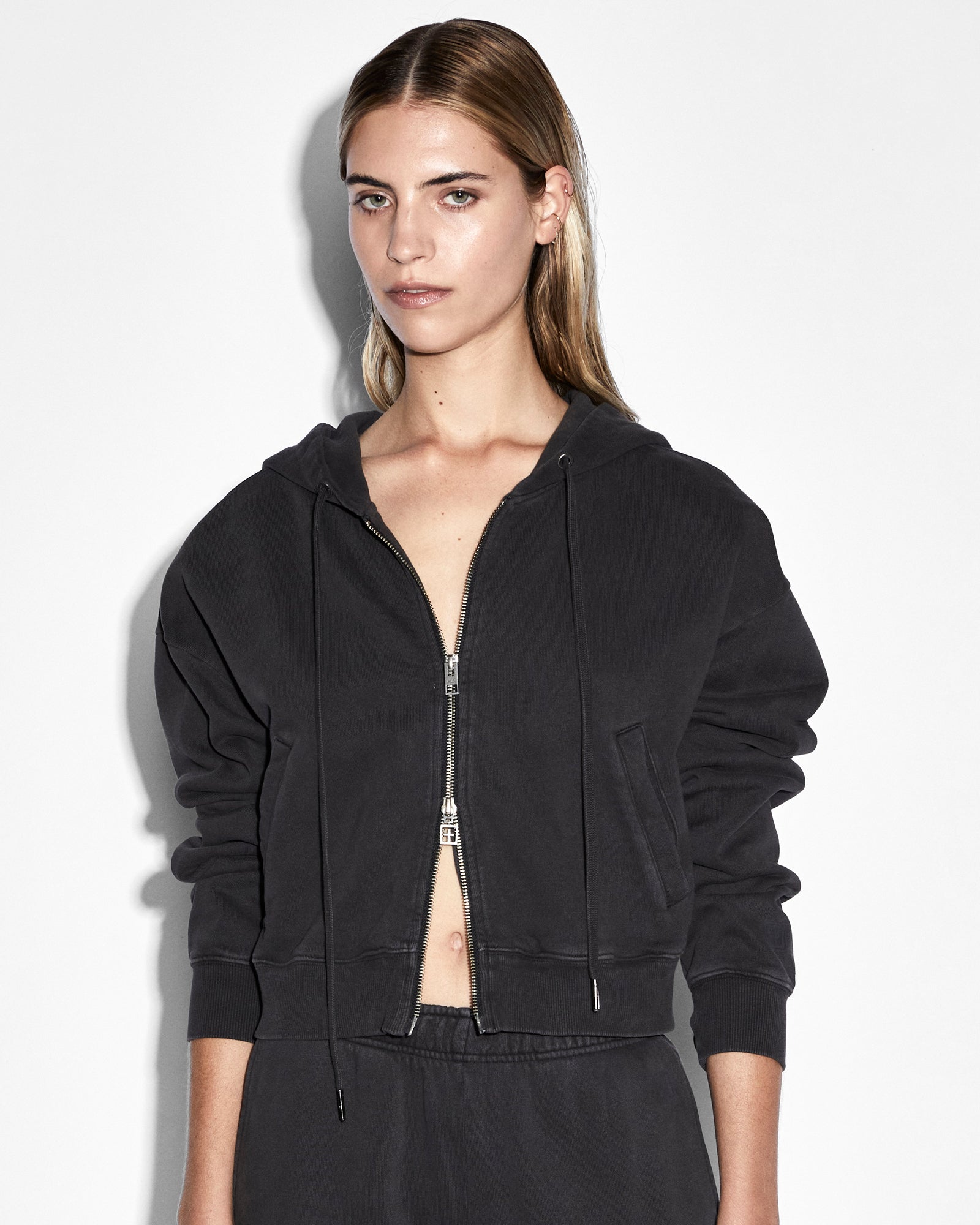 WOMENS  3X4 ORIGIN CROPPED HOODIE WASHED BLACK OVERSIZED FLEECE