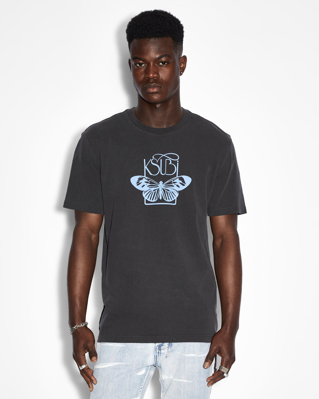 Mens Butterfly Kash Ss Tee Faded Black Regular Tees - Black