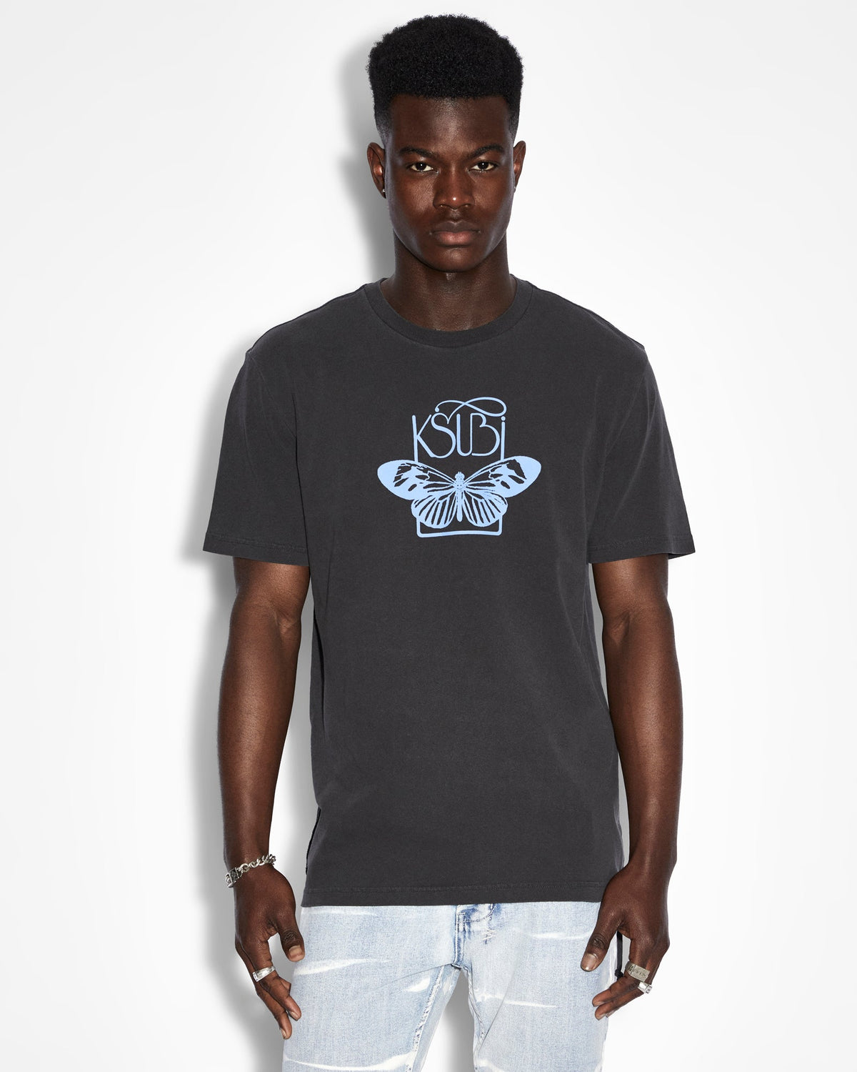 Mens Butterfly Kash Ss Tee Faded Black Regular Tees - Black