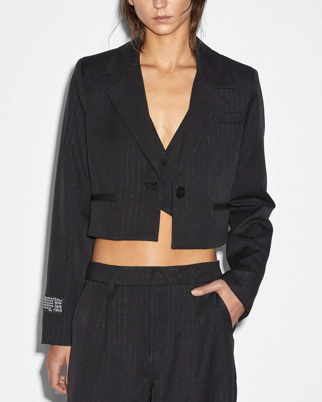 WOMENS LONDON CROP BLAZER PINSTRIPE JACKETS