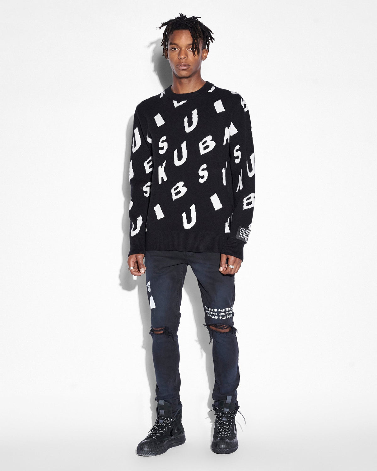 MENS LETTERS KNIT CREW BLACK KNITWEAR